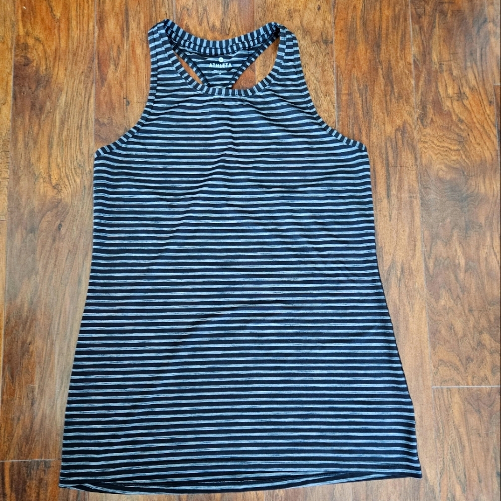 Athleta High Neck Chi Racerback Tank Top Small Black Gray Stripe 593936
